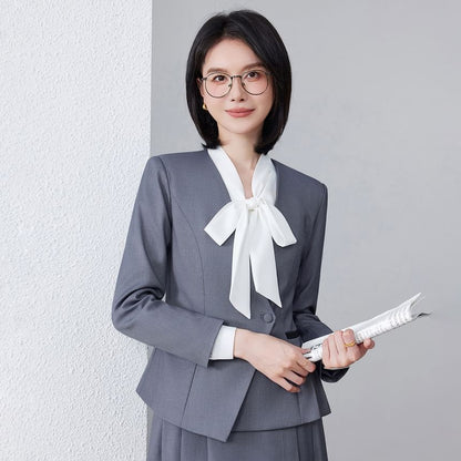 Set: Tie-Neck Plain Blouse + Plain Asymmetrical Blazer + High Waist Pleated Midi A-Line Skirt