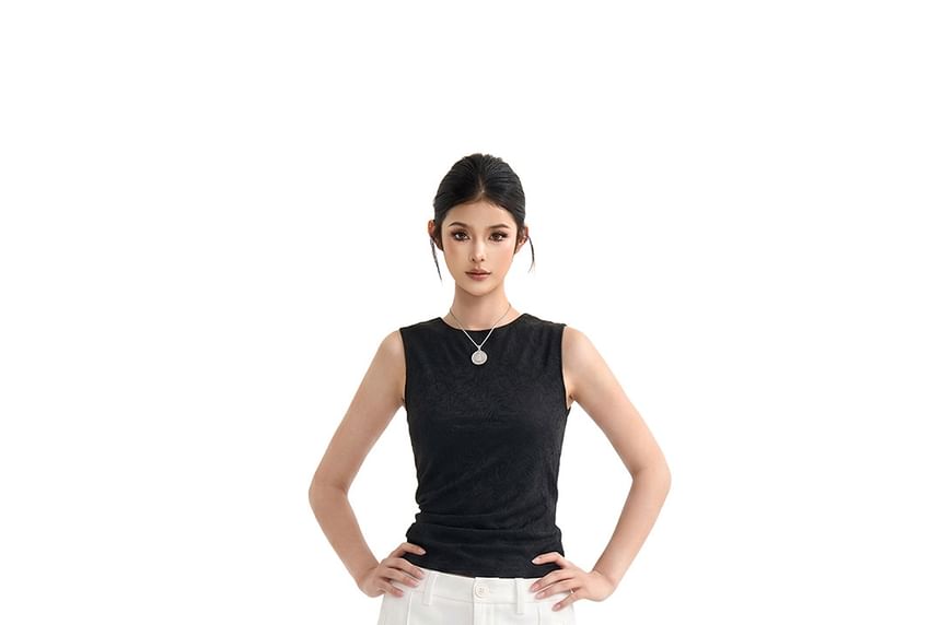 Sleeveless Crew Neck Plain Lace Top