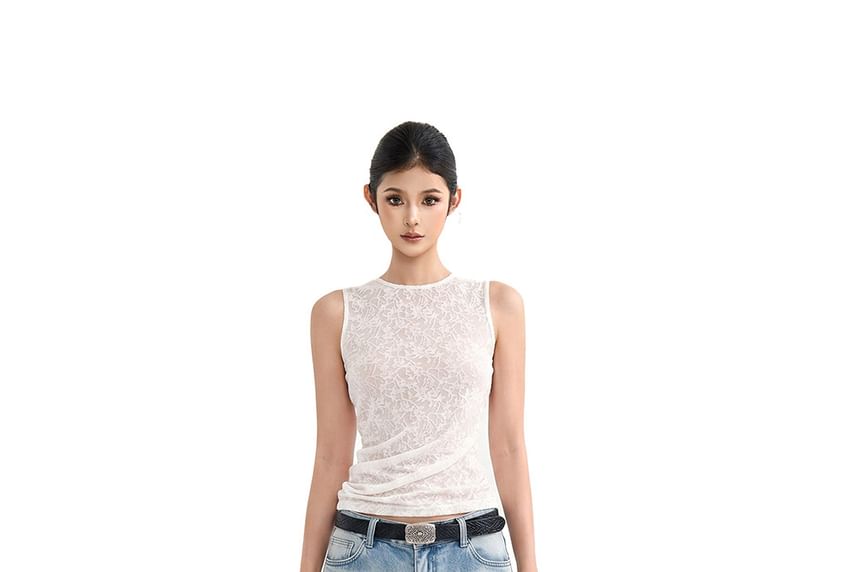Sleeveless Crew Neck Plain Lace Top