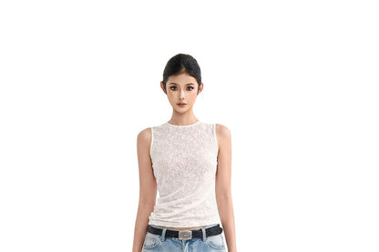 Sleeveless Crew Neck Plain Lace Top