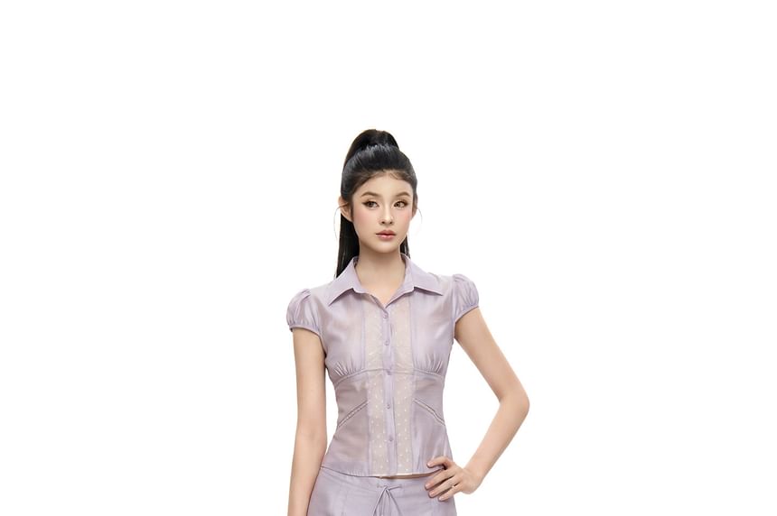 Cap Sleeve Collared Plain Panel Lace Blouse / Mid Rise Mini Pencil Skirt