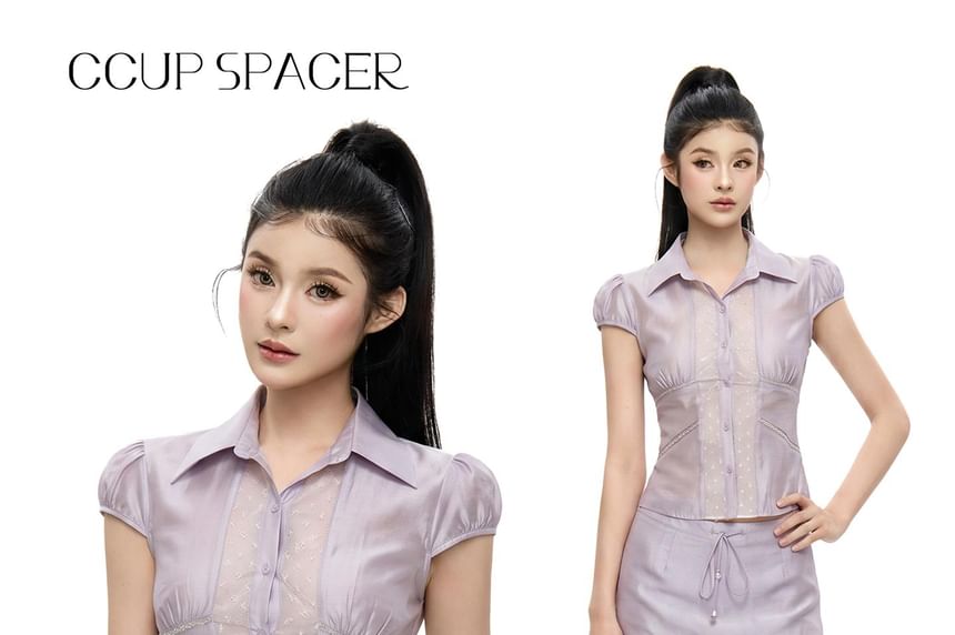 Cap Sleeve Collared Plain Panel Lace Blouse / Mid Rise Mini Pencil Skirt