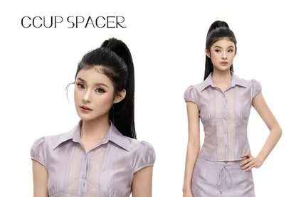 Cap Sleeve Collared Plain Panel Lace Blouse / Mid Rise Mini Pencil Skirt