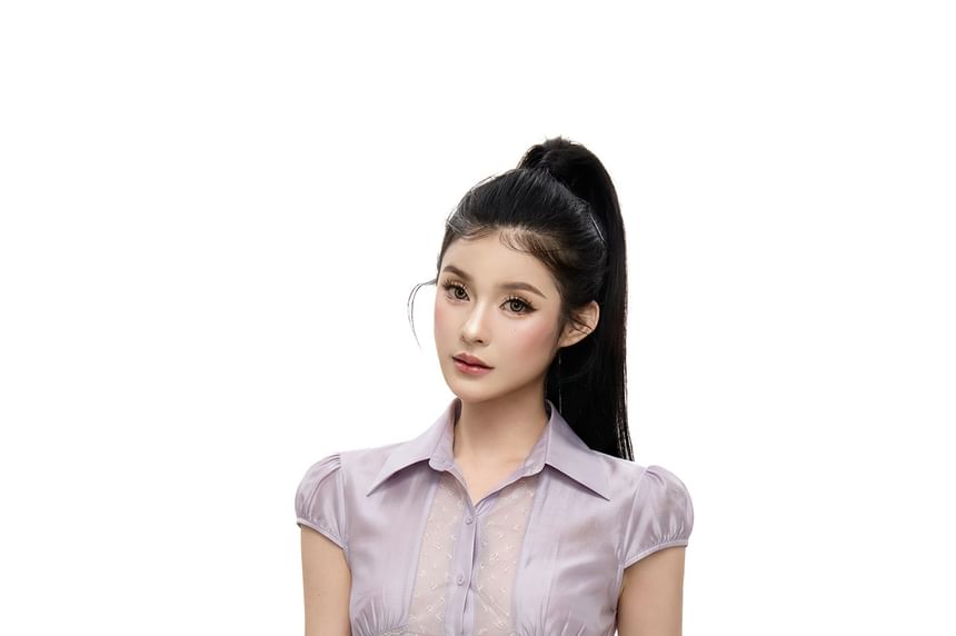 Cap Sleeve Collared Plain Panel Lace Blouse / Mid Rise Mini Pencil Skirt