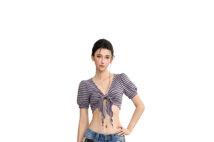 Short Sleeve V-Neck Striped Tie Front Crop Top