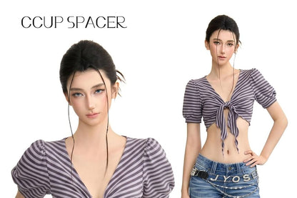 Short Sleeve V-Neck Striped Tie Front Crop Top