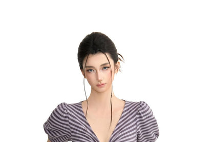 Short Sleeve V-Neck Striped Tie Front Crop Top