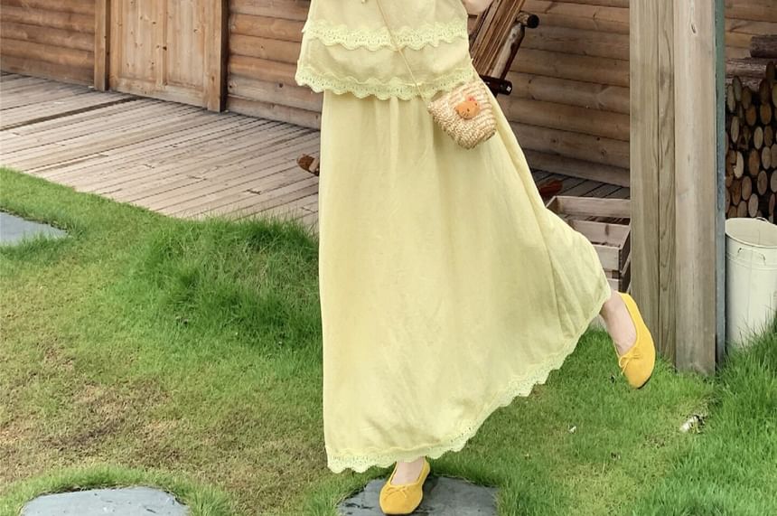 Lace Trim Round Neck Blouse & Maxi A-Line Skirt