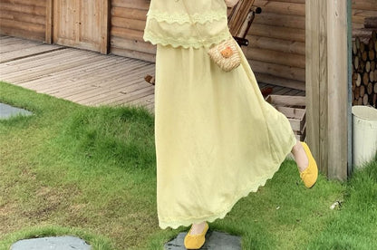 Lace Trim Round Neck Blouse & Maxi A-Line Skirt