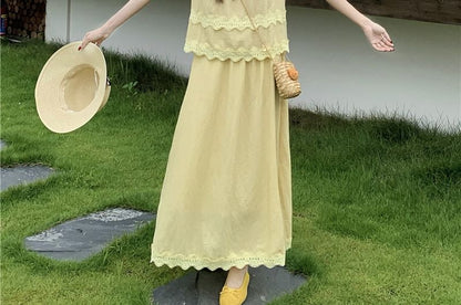 Lace Trim Round Neck Blouse & Maxi A-Line Skirt