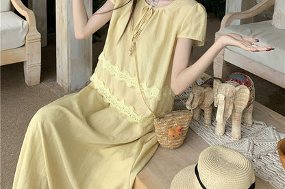 Lace Trim Round Neck Blouse & Maxi A-Line Skirt