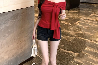 Off Shoulder Tie Front Short Sleeve Tee