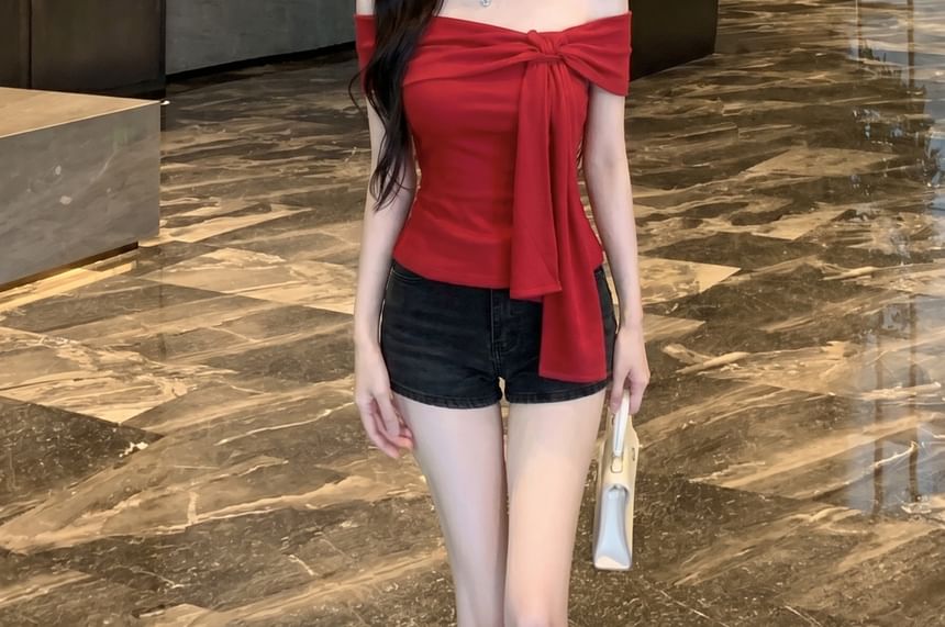 Off Shoulder Tie Front Short Sleeve Tee