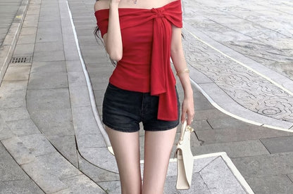 Off Shoulder Tie Front Short Sleeve Tee