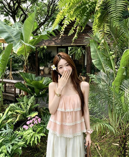 Spaghetti Strap Lace Trim Tiered Camisole Top