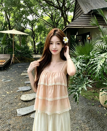 Spaghetti Strap Lace Trim Tiered Camisole Top