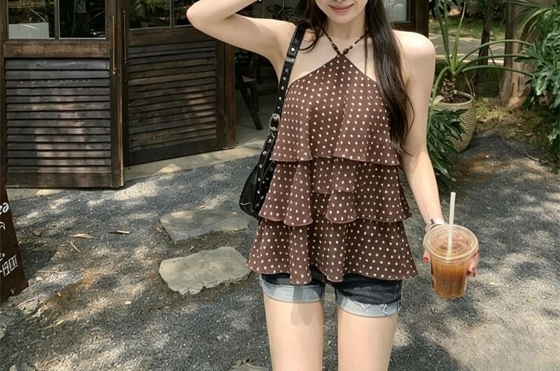 Dotted Tiered Camisole with Halter Neckline