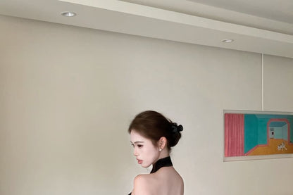 Sheer Panel Knit Halter Neck Camisole Top