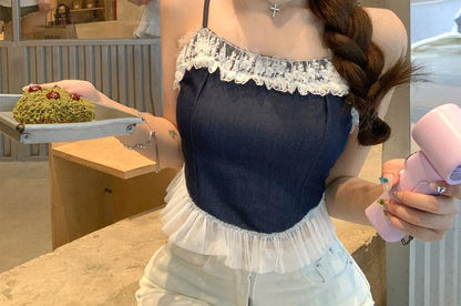 Lace Trim Crop Camisole & Mini A-Line Dress Set