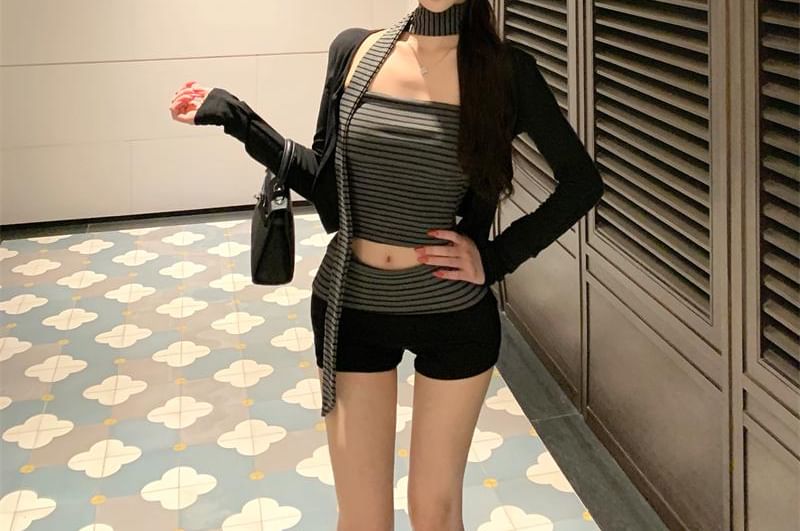 Striped Tube Top, Panel Shorts & Cardigan Set with Scarf
