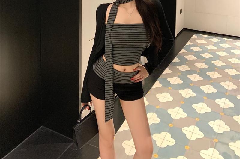 Striped Tube Top, Panel Shorts & Cardigan Set with Scarf