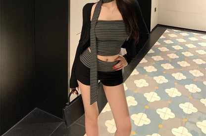 Striped Tube Top, Panel Shorts & Cardigan Set with Scarf