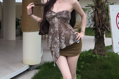 Leopard Ruched Sheer Strapless Top & Mini Pencil Skirt