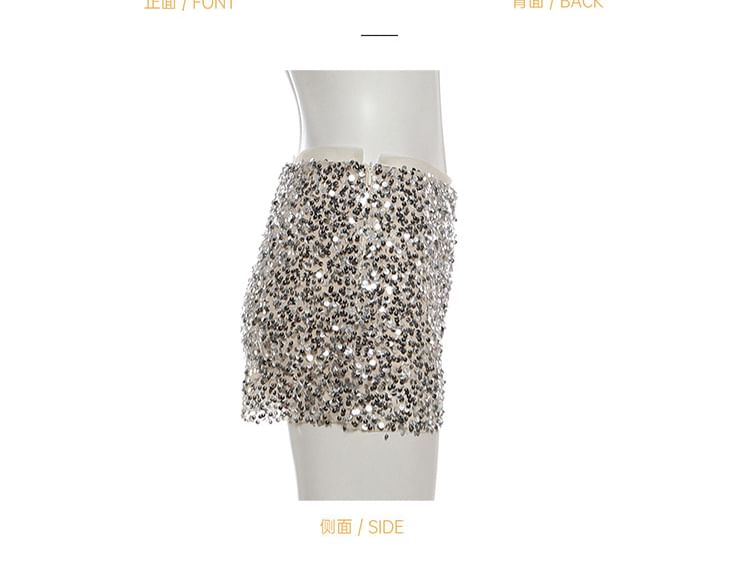 Plain Fringe Crop Halter Top & Sequin Mesh Mini Pencil Skirt