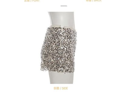 Plain Fringe Crop Halter Top & Sequin Mesh Mini Pencil Skirt