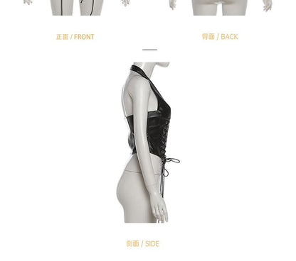 Lace Up Faux Leather Halter Top & Low Rise Shorts