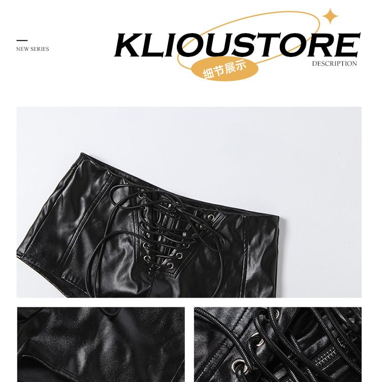 Lace Up Faux Leather Halter Top & Low Rise Shorts