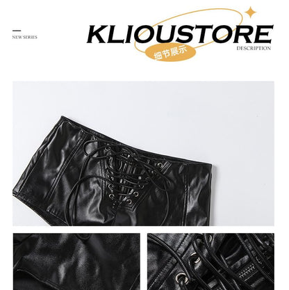 Lace Up Faux Leather Halter Top & Low Rise Shorts