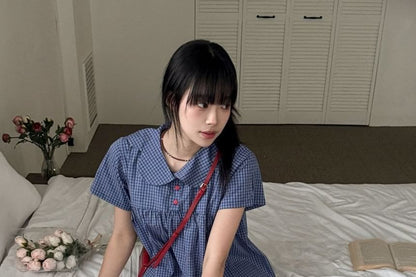 Short-Sleeve Peter Pan Collar Plaid Blouse