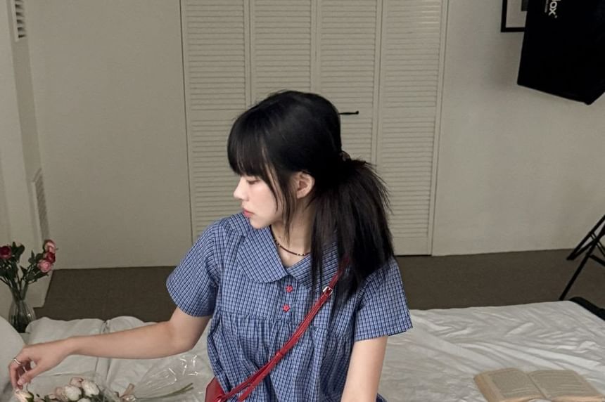 Short-Sleeve Peter Pan Collar Plaid Blouse