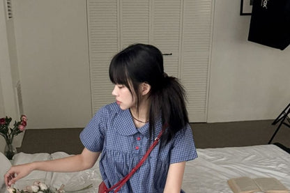 Short-Sleeve Peter Pan Collar Plaid Blouse