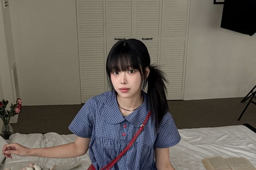 Short-Sleeve Peter Pan Collar Plaid Blouse