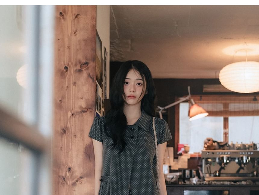 Short-Sleeve Collared Micro Dot Button-Up Slit Blouse