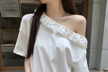 Short-Sleeve Off-Shoulder Plain Ruffle Trim T-Shirt