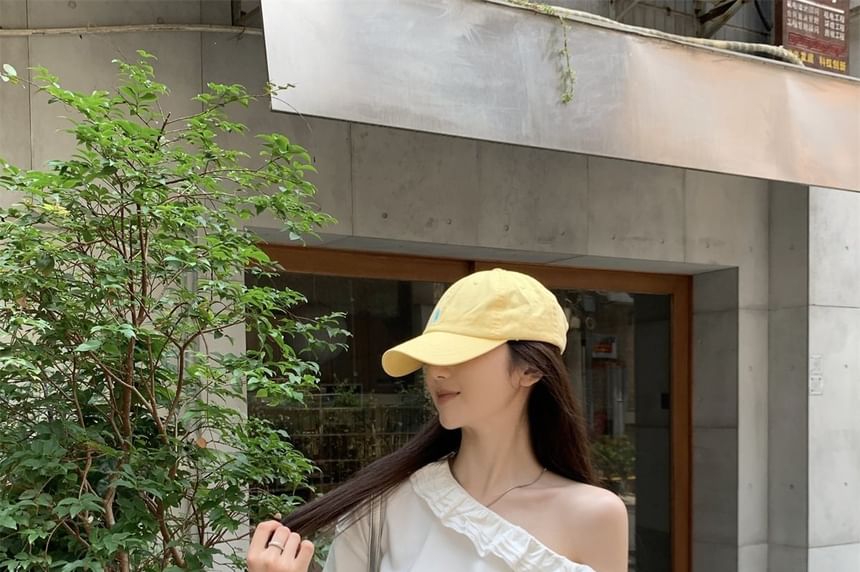 Short-Sleeve Off-Shoulder Plain Ruffle Trim T-Shirt