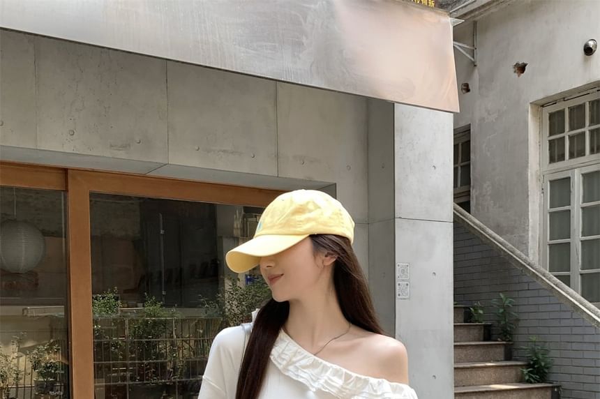 Short-Sleeve Off-Shoulder Plain Ruffle Trim T-Shirt