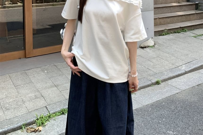 Short-Sleeve Off-Shoulder Plain Ruffle Trim T-Shirt