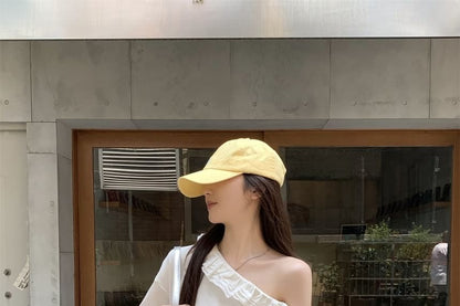 Short-Sleeve Off-Shoulder Plain Ruffle Trim T-Shirt