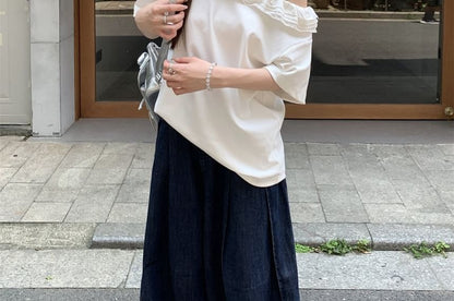Short-Sleeve Off-Shoulder Plain Ruffle Trim T-Shirt