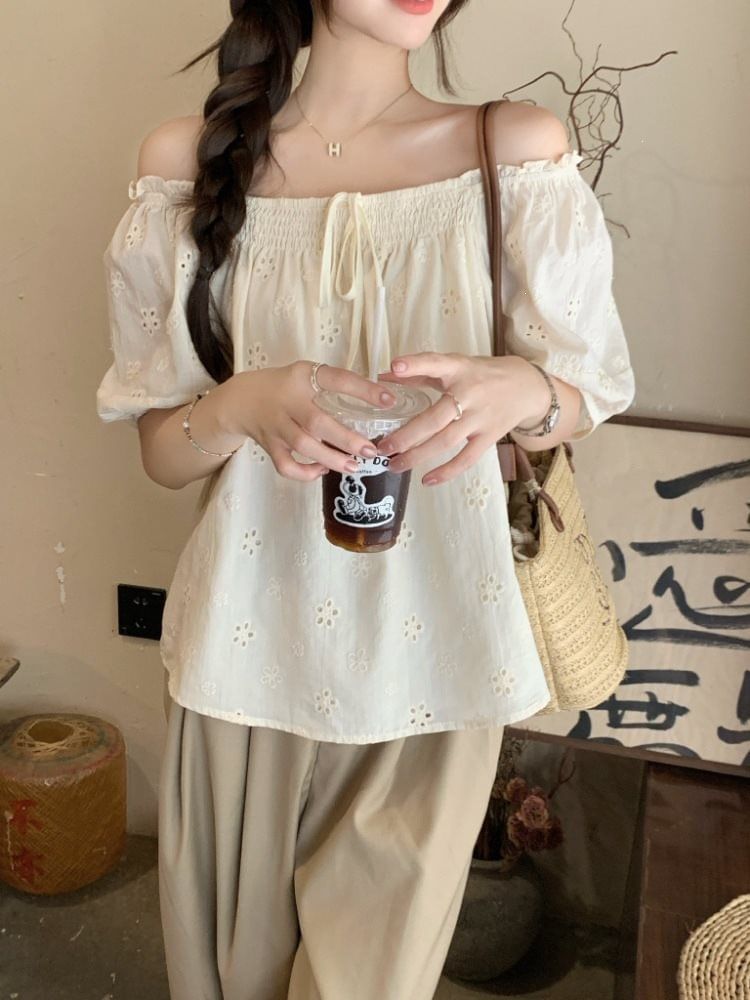 Puff-Sleeve Off-Shoulder Frill Trim Embroidered Eyelet Blouse