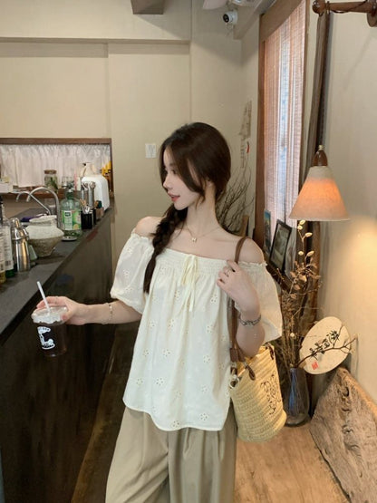 Puff-Sleeve Off-Shoulder Frill Trim Embroidered Eyelet Blouse