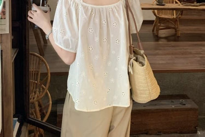Puff-Sleeve Off-Shoulder Frill Trim Embroidered Eyelet Blouse