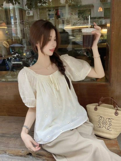 Puff-Sleeve Off-Shoulder Frill Trim Embroidered Eyelet Blouse