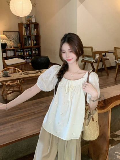 Puff-Sleeve Off-Shoulder Frill Trim Embroidered Eyelet Blouse