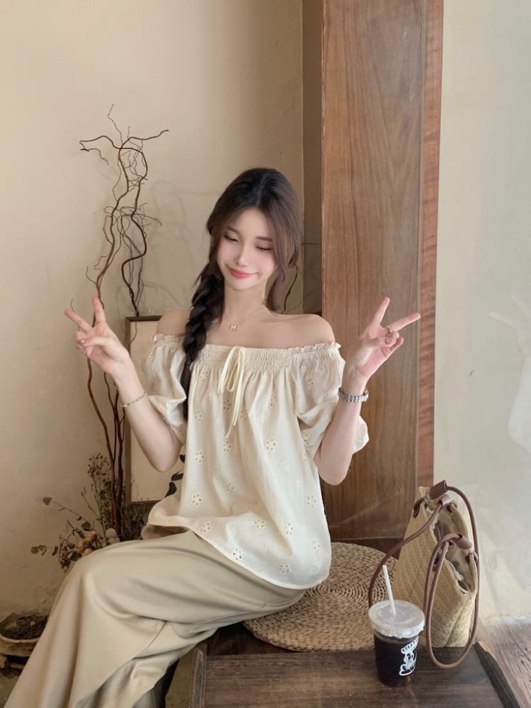 Puff-Sleeve Off-Shoulder Frill Trim Embroidered Eyelet Blouse