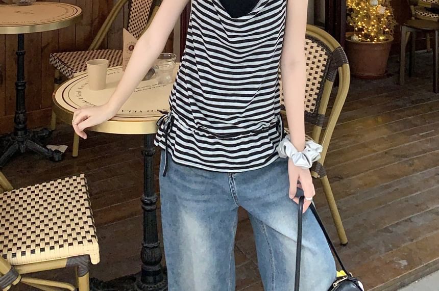 Halter Neck Plain Racerback Crop Top / Cowl Neck Striped Drawstring Waist Camisole Top